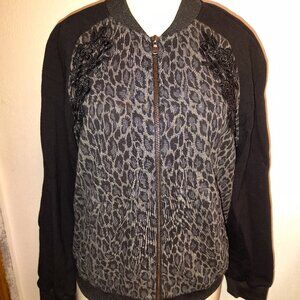 Kobi Women's Floral Embroidered Leopard Print Gayle Bomber Jacket Size Medium